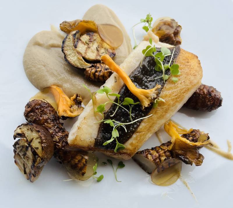 Poisson de Méditerranée rôti, mousseline de topinambour au café, champignons, vierge à la noisette
